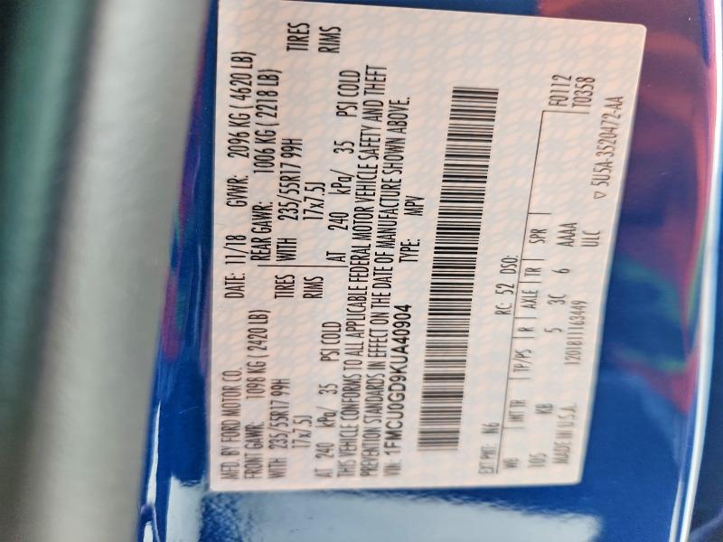 Aukcja sprzedaży 2019 Ford Escape, vin: 1FMCU0GD9KUA40904, numer aukcji: 51786436