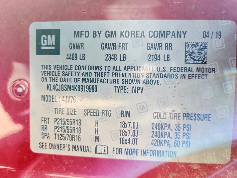 2019 Buick Encore მანქანა იყიდება აუქციონზე, vin: KL4CJGSM4KB919990, აუქციონის ნომერი: 47971036