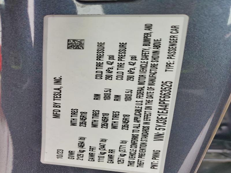 48795606 :رقم المزاد ، 5YJ3E1EA4PF663525 vin ، 2023 Tesla Model 3 مزاد بيع