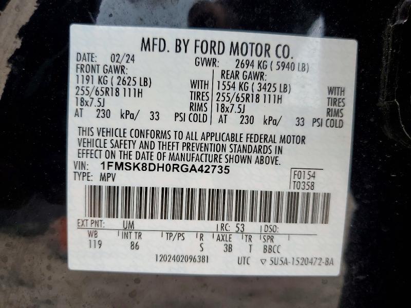 Aukcja sprzedaży 2024 Ford Explorer, vin: 1FMSK8DH0RGA42735, numer aukcji: 50739256