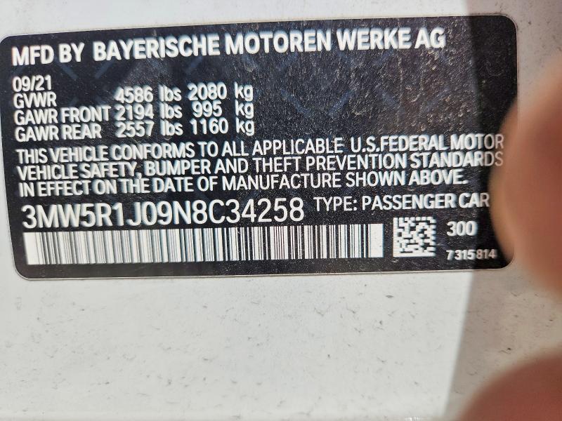 Продаж на аукціоні авто 2022 Bmw 330i, vin: 3MW5R1J09N8C34258, номер лоту: 51259726