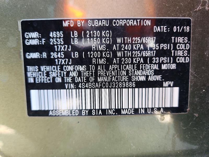 2018 Subaru Outback მანქანა იყიდება აუქციონზე, vin: 4S4BSAFC0J3289886, აუქციონის ნომერი: 51432876