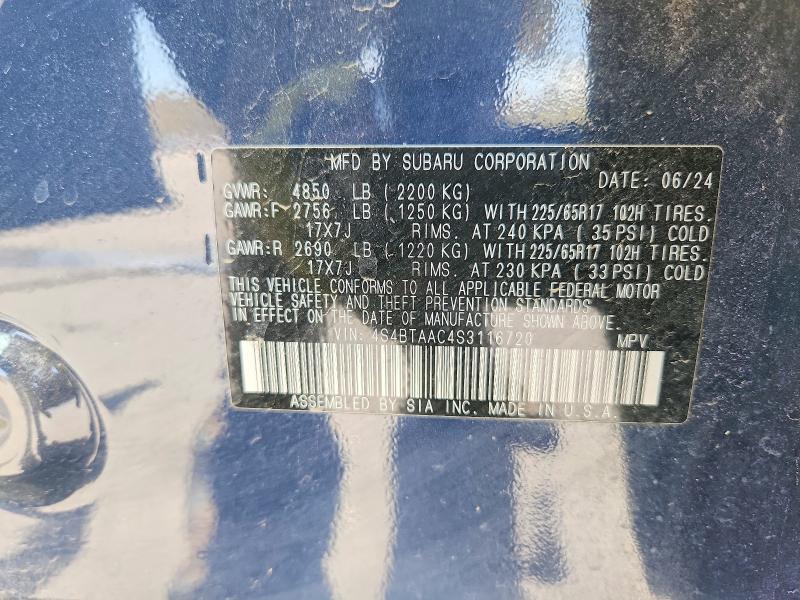 2025 Subaru Outback მანქანა იყიდება აუქციონზე, vin: 4S4BTAAC4S3116720, აუქციონის ნომერი: 50280526