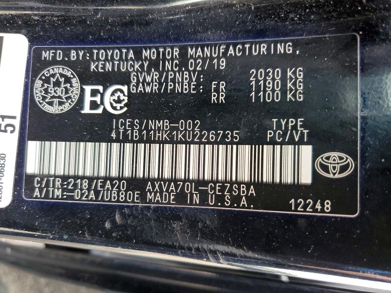 Продаж на аукціоні авто 2019 Toyota Camry, vin: 4T1B11HK1KU226735, номер лоту: 46370416
