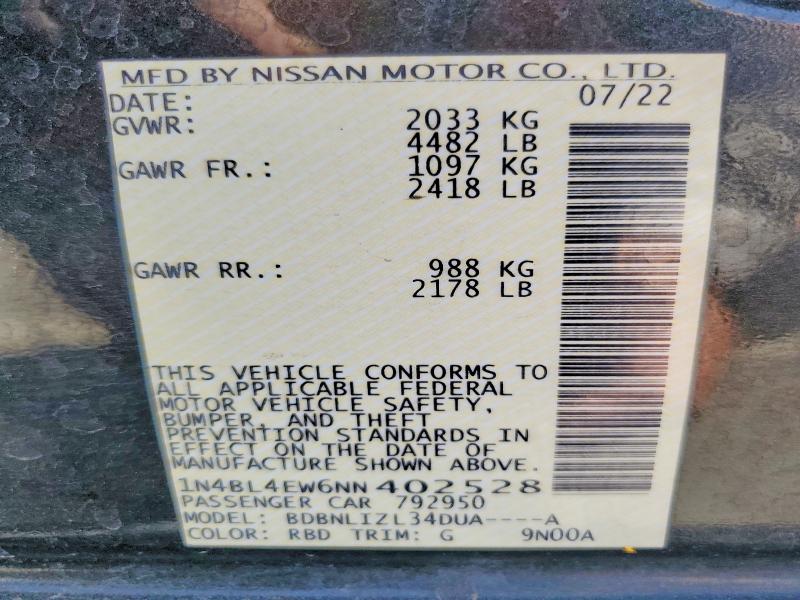 2022 Nissan Altima მანქანა იყიდება აუქციონზე, vin: 1N4BL4EW6NN402528, აუქციონის ნომერი: 50809786