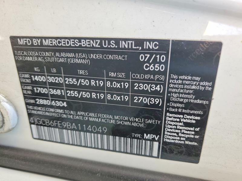 2011 Mercedes-benz R მანქანა იყიდება აუქციონზე, vin: 4JGCB6FE9BA114049, აუქციონის ნომერი: 51838356
