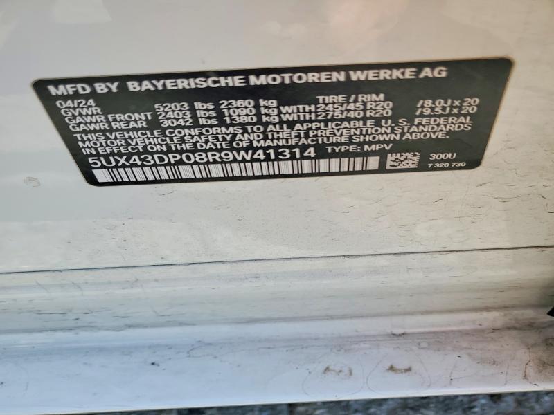 49655996 :رقم المزاد ، 5UX43DP08R9W41314 vin ، 2024 Bmw X3 مزاد بيع