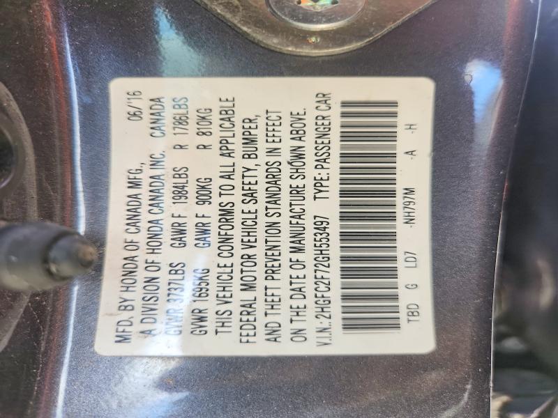 2016 Honda Civic მანქანა იყიდება აუქციონზე, vin: 2HGFC2F72GH553497, აუქციონის ნომერი: 50411766