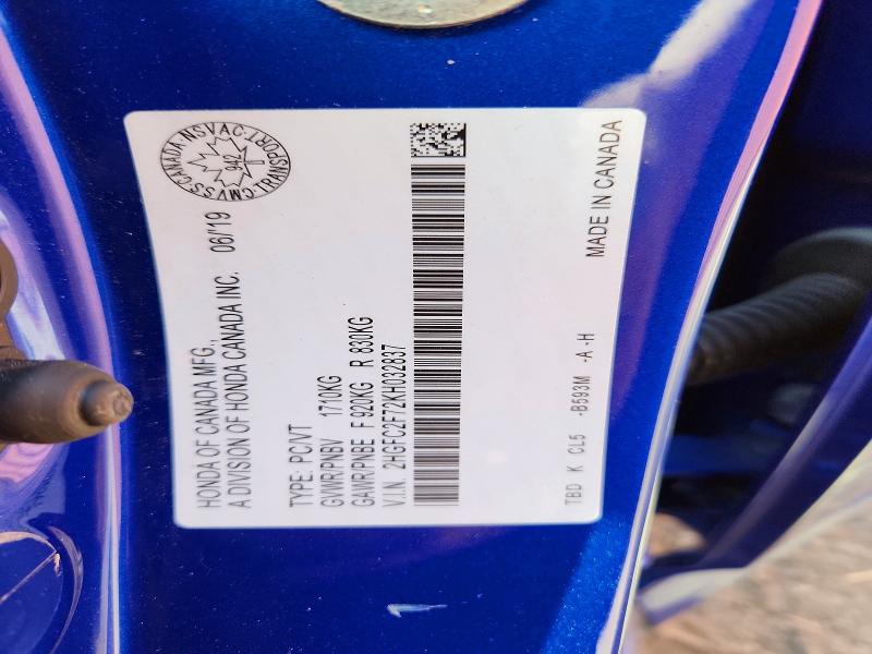 2019 Honda Civic მანქანა იყიდება აუქციონზე, vin: 2HGFC2F72KH032837, აუქციონის ნომერი: 50692976