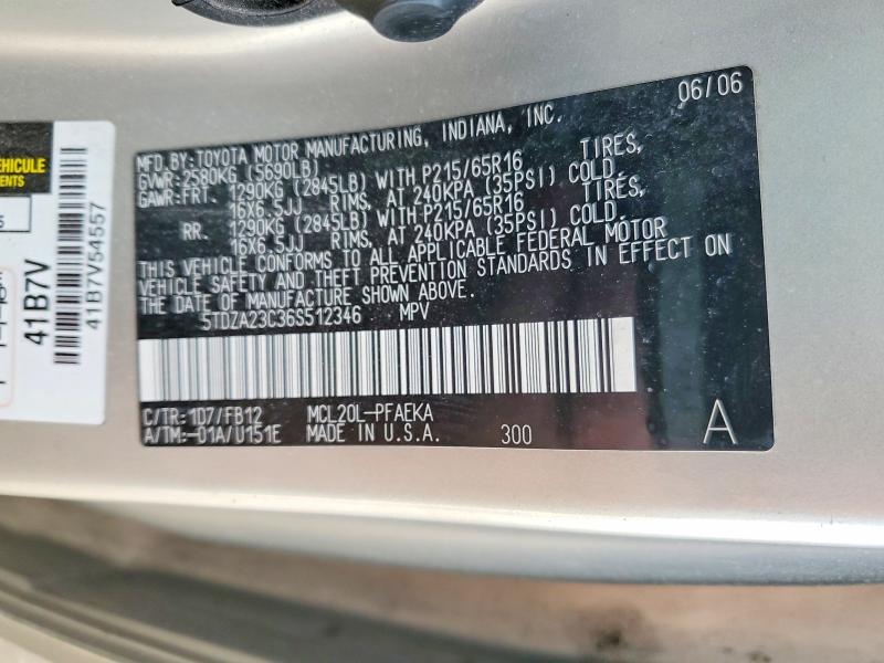 Aukcja sprzedaży 2006 Toyota Sienna, vin: 5TDZA23C36S512346, numer aukcji: 48653116