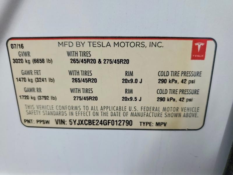 51017386 :رقم المزاد ، 5YJXCBE24GF012790 vin ، 2016 Tesla Model X مزاد بيع