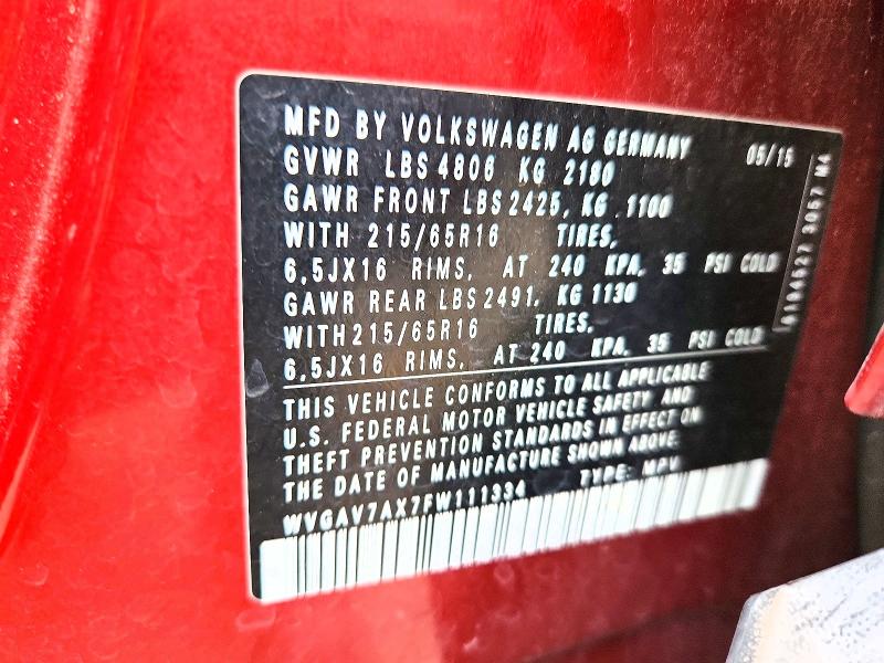 Aukcja sprzedaży 2015 Volkswagen Tiguan, vin: WVGAV7AX7FW111334, numer aukcji: 48541606