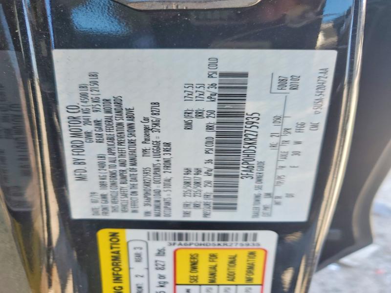 2019 Ford Fusion მანქანა იყიდება აუქციონზე, vin: 3FA6P0HD5KR275935, აუქციონის ნომერი: 48912146