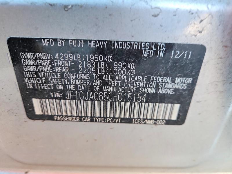 50114386 :رقم المزاد ، JF1GJAC65CH015154 vin ، 2012 Subaru Impreza مزاد بيع