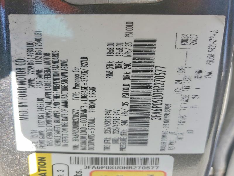 Aukcja sprzedaży 2017 Ford Fusion, vin: 3FA6P0SU0HR270577, numer aukcji: 49775666