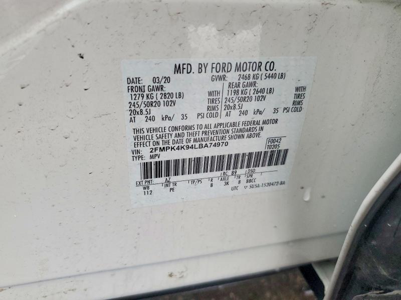 46830086 :رقم المزاد ، 2FMPK4K94LBA74970 vin ، 2020 Ford Edge مزاد بيع