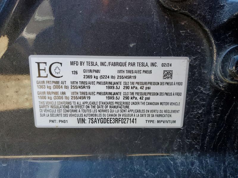 2024 Tesla Model Y მანქანა იყიდება აუქციონზე, vin: 7SAYGDEE3RF027141, აუქციონის ნომერი: 50283416