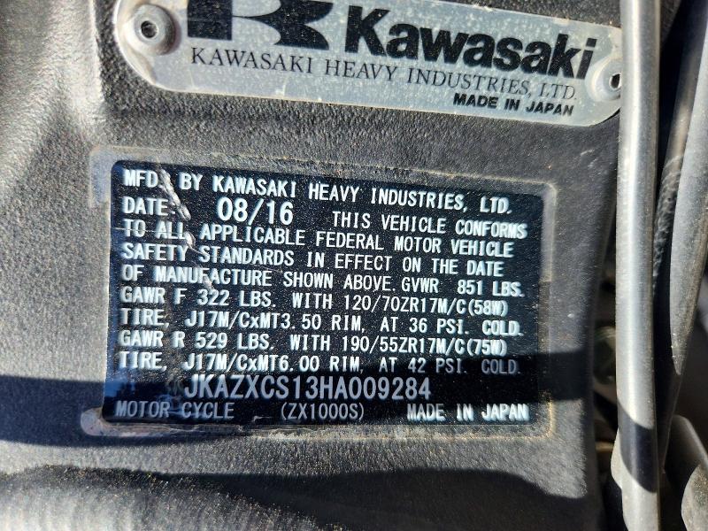 50655526 :رقم المزاد ، JKAZXCS13HA009284 vin ، 2017 Kawasaki Zx1000 مزاد بيع
