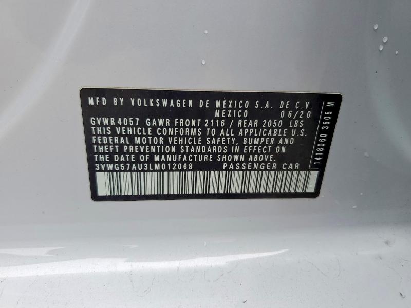 2020 Volkswagen Golf მანქანა იყიდება აუქციონზე, vin: 3VWG57AU3LM012068, აუქციონის ნომერი: 51855086