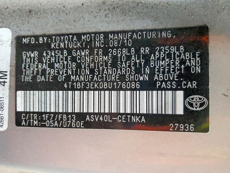 51357606 :رقم المزاد ، 4T1BF3EK0BU176086 vin ، 2011 Toyota Camry مزاد بيع