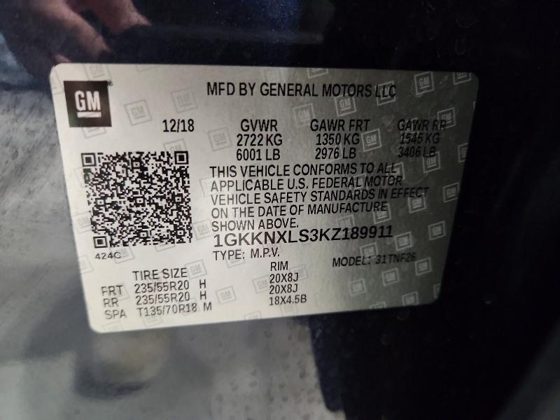 2019 Gmc Acadia მანქანა იყიდება აუქციონზე, vin: 1GKKNXLS3KZ189911, აუქციონის ნომერი: 52019426