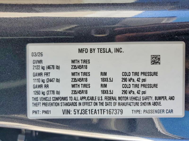 Продажа на аукционе авто 2026 Tesla Model 3, vin: 5YJ3E1EA1TF167379, номер лота: 49836376