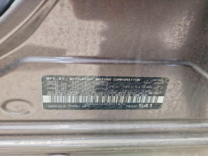 Продаж на аукціоні авто 2019 Mitsubishi Outlander, vin: JA4AD2A33KZ011970, номер лоту: 51003166