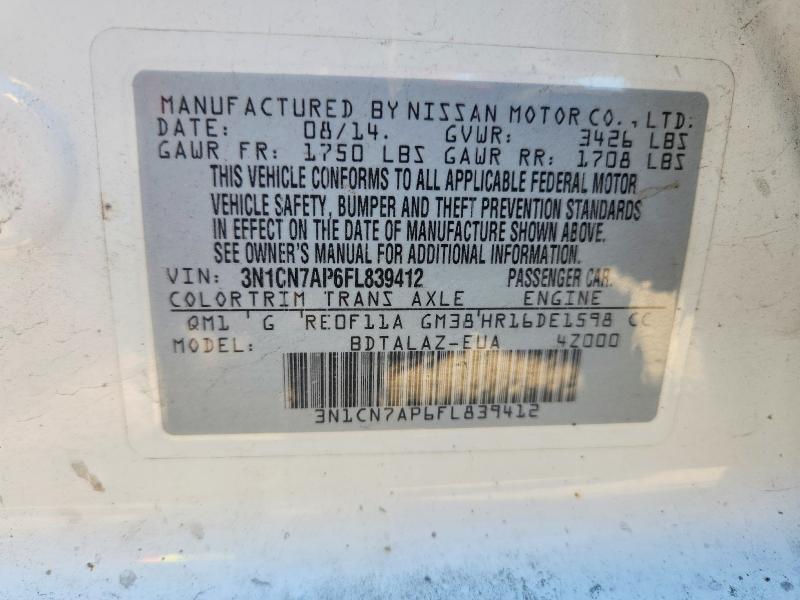 Продажа на аукционе авто 2015 Nissan Versa, vin: 3N1CN7AP6FL839412, номер лота: 50943956