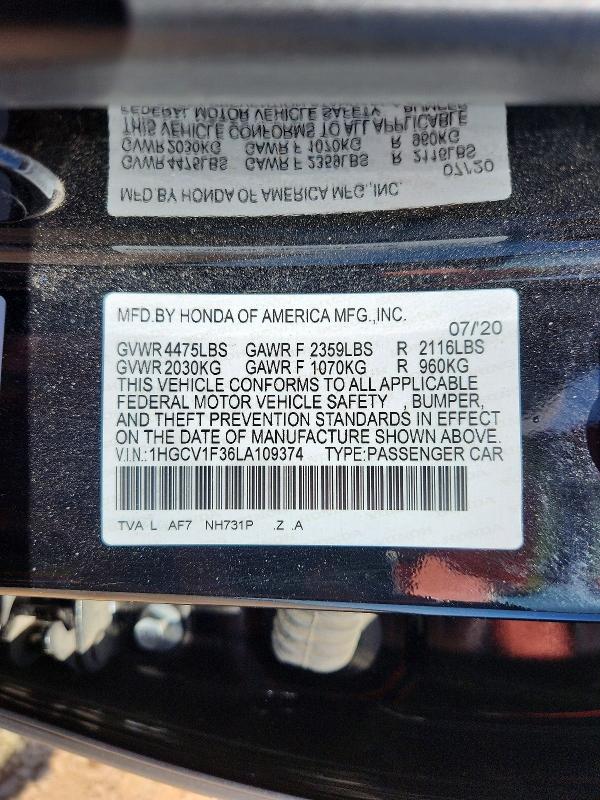 Продажа на аукционе авто 2020 Honda Accord, vin: 1HGCV1F36LA109374, номер лота: 50247166
