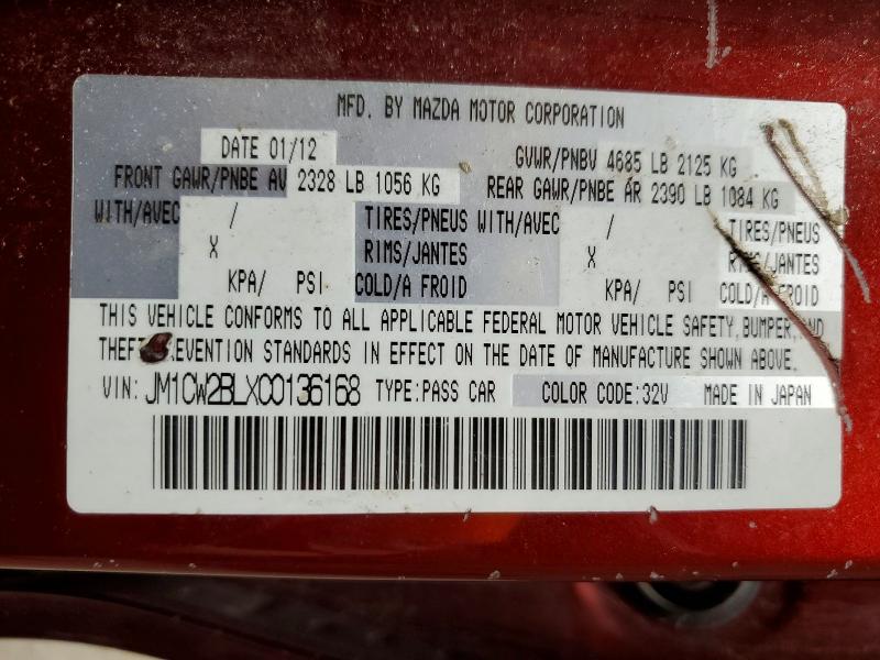 49861646 :رقم المزاد ، JM1CW2BLXC0136168 vin ، 2012 Mazda 5 مزاد بيع