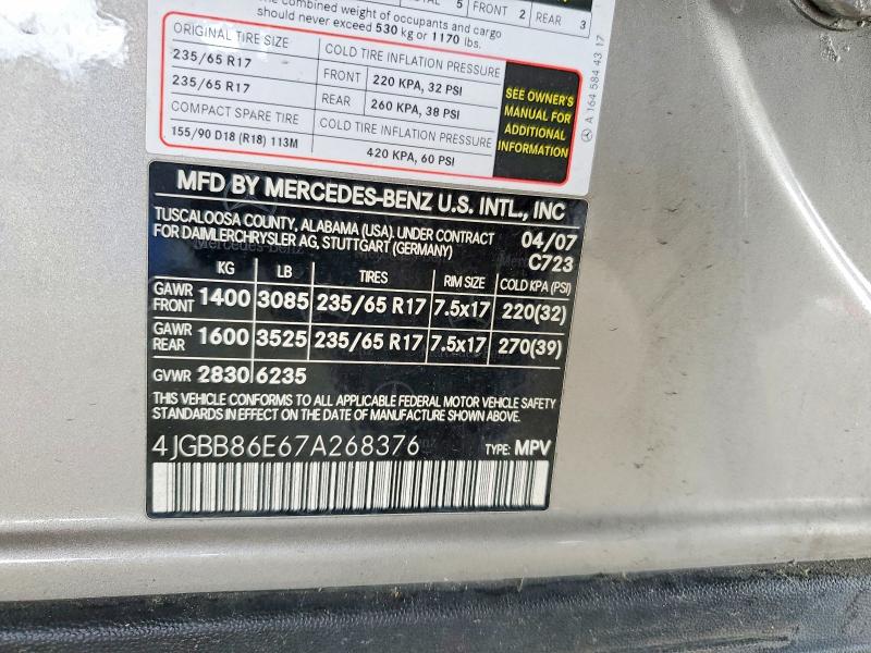 Aukcja sprzedaży 2007 Mercedes-benz Ml, vin: 4JGBB86E67A268376, numer aukcji: 50707046