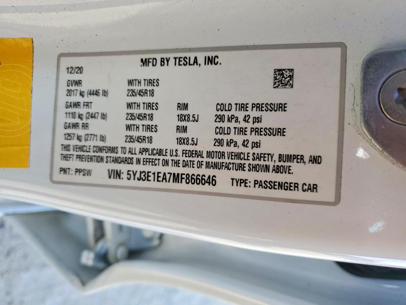 48762996 :رقم المزاد ، 5YJ3E1EA7MF866646 vin ، 2021 Tesla Model 3 مزاد بيع