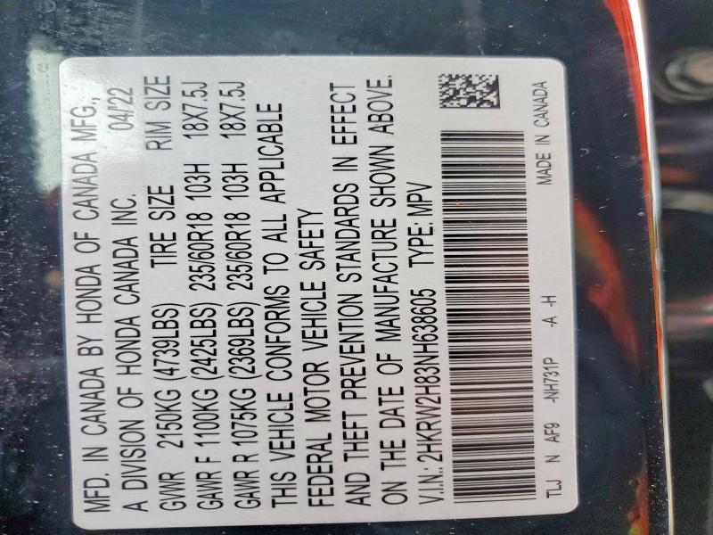 48274496 :رقم المزاد ، 2HKRW2H83NH638605 vin ، 2022 Honda Cr-v مزاد بيع