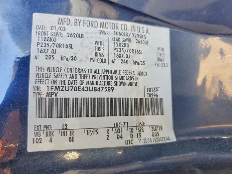 48984026 :رقم المزاد ، 1FMZU70E43UB47589 vin ، 2003 Ford Explorer مزاد بيع