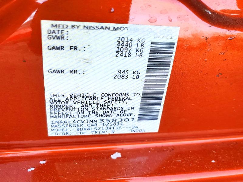 Aukcja sprzedaży 2021 Nissan Altima, vin: 1N4AL4CV3MN358301, numer aukcji: 50956416