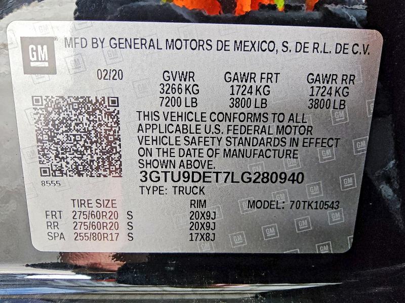 2020 Gmc Sierra მანქანა იყიდება აუქციონზე, vin: 3GTU9DET7LG280940, აუქციონის ნომერი: 49465596