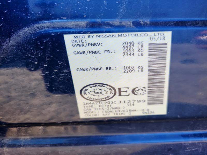 2018 Nissan Leaf მანქანა იყიდება აუქციონზე, vin: 1N4AZ1CP0JC312799, აუქციონის ნომერი: 50660536