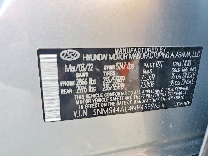 2022 Hyundai Santa Fe მანქანა იყიდება აუქციონზე, vin: 5NMS44AL4NH439965, აუქციონის ნომერი: 48539556