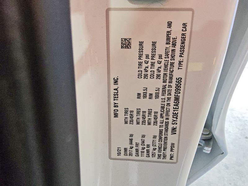 41900146 :رقم المزاد ، 5YJ3E1EA6MF099565 vin ، 2021 Tesla Model 3 مزاد بيع