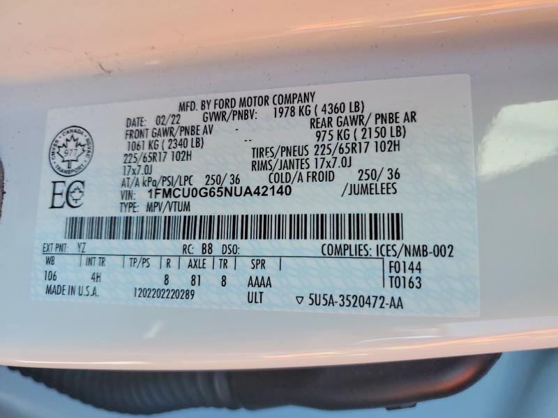 Aukcja sprzedaży 2022 Ford Escape, vin: 1FMCU0G65NUA42140, numer aukcji: 50799976