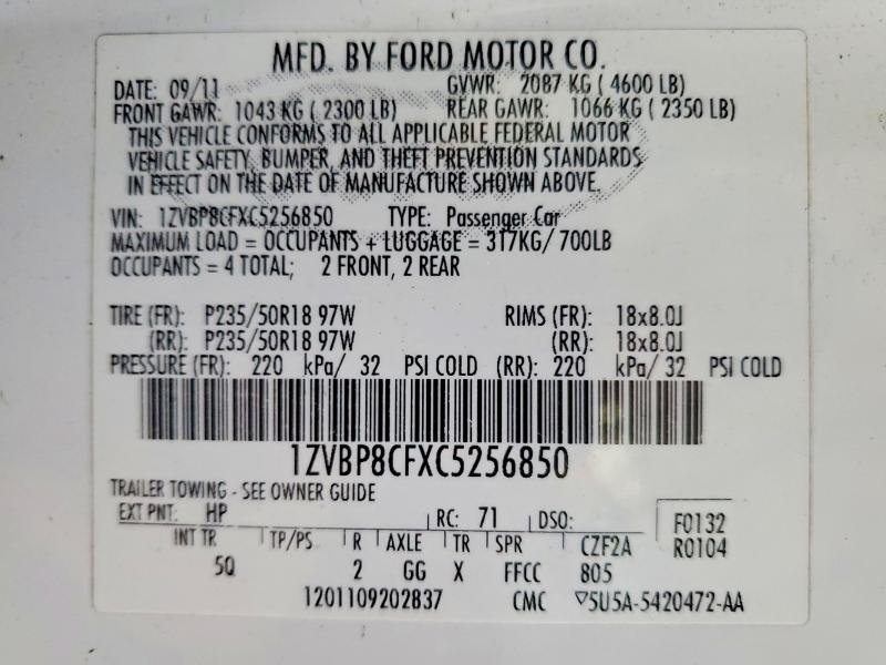 Продаж на аукціоні авто 2012 Ford Mustang, vin: 1ZVBP8CFXC5256850, номер лоту: 51500096