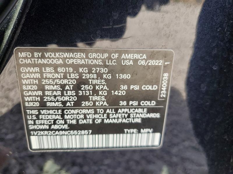 2022 Volkswagen Atlas მანქანა იყიდება აუქციონზე, vin: 1V2KR2CA9NC552857, აუქციონის ნომერი: 49173756