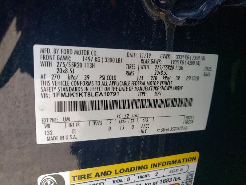 2020 Ford Expedition მანქანა იყიდება აუქციონზე, vin: 1FMJK1KT8LEA10791, აუქციონის ნომერი: 50432326