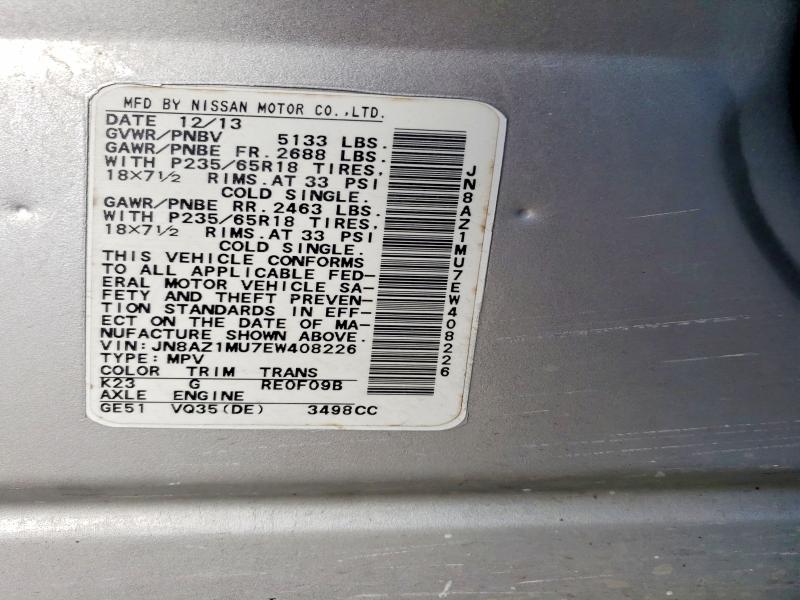 2014 Nissan Murano მანქანა იყიდება აუქციონზე, vin: JN8AZ1MU7EW408226, აუქციონის ნომერი: 47767626