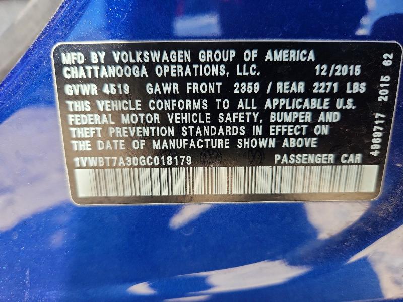 Продаж на аукціоні авто 2016 Volkswagen Passat, vin: 1VWBT7A30GC018179, номер лоту: 51431986