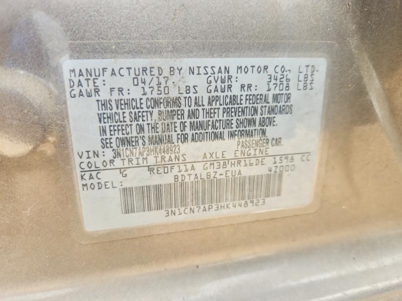 2017 Nissan Versa მანქანა იყიდება აუქციონზე, vin: 3N1CN7AP3HK448923, აუქციონის ნომერი: 48634666