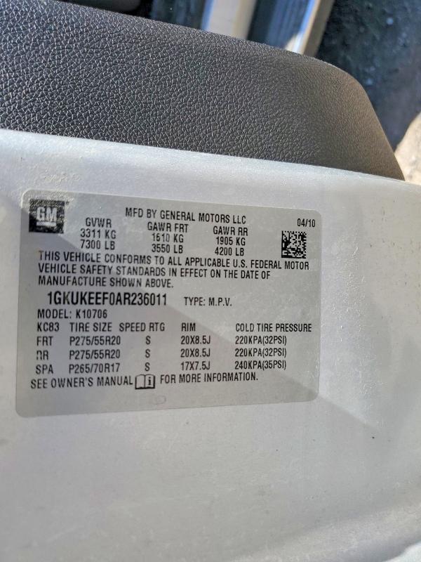 50184416 :رقم المزاد ، 1GKUKEEF0AR236011 vin ، 2010 Gmc Yukon مزاد بيع