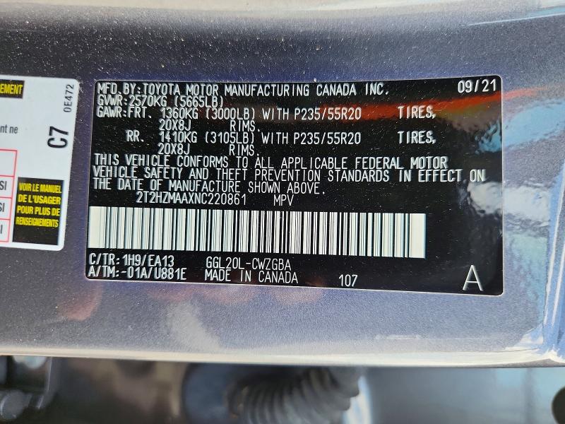 48742856 :رقم المزاد ، 2T2HZMAAXNC220861 vin ، 2022 Lexus Rx 350 مزاد بيع