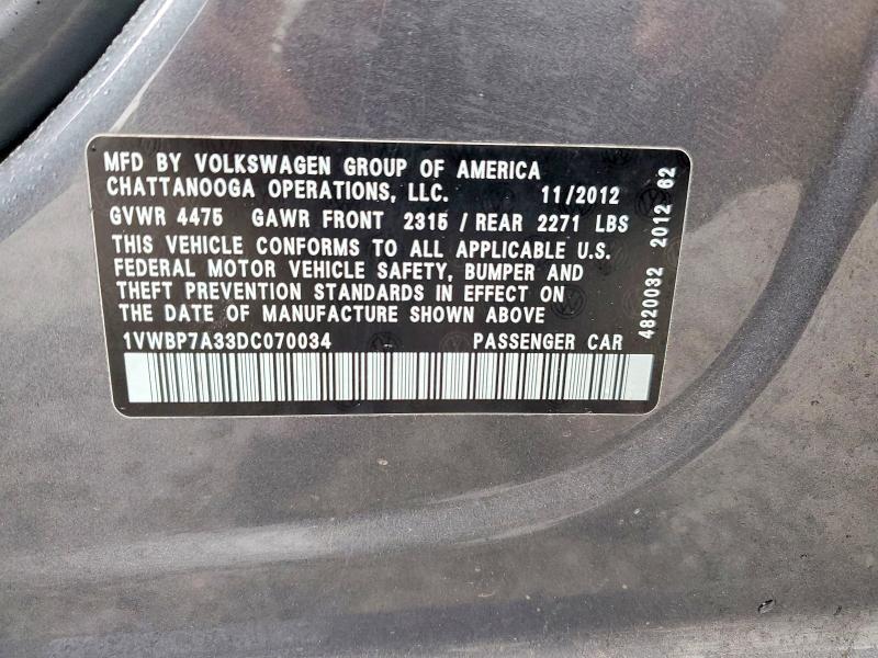 2013 Volkswagen Passat მანქანა იყიდება აუქციონზე, vin: 1VWBP7A33DC070034, აუქციონის ნომერი: 50194856