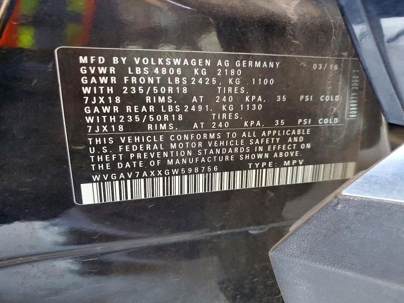 49506366 :رقم المزاد ، WVGAV7AXXGW598756 vin ، 2016 Volkswagen Tiguan مزاد بيع